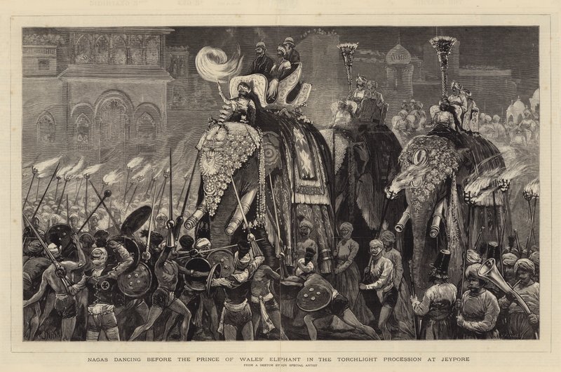 Nagas dansar inför prins av Wales elefant i fackeltåget i Jeypore. av Joseph Nash