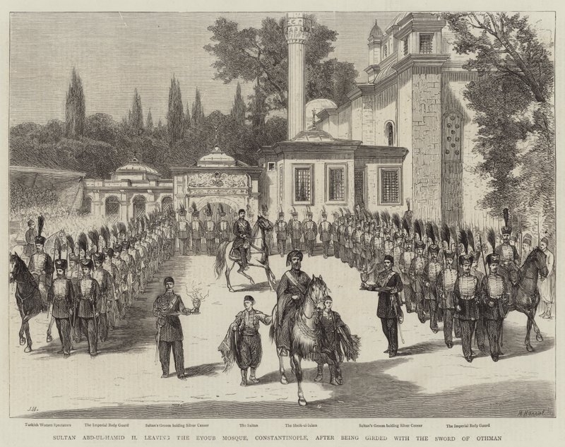 Sultan Abd-ul-Hamid II lämnar Eyoub-moskén i Konstantinopel efter att ha omgjordats med Othmans svärd. av Joseph Nash