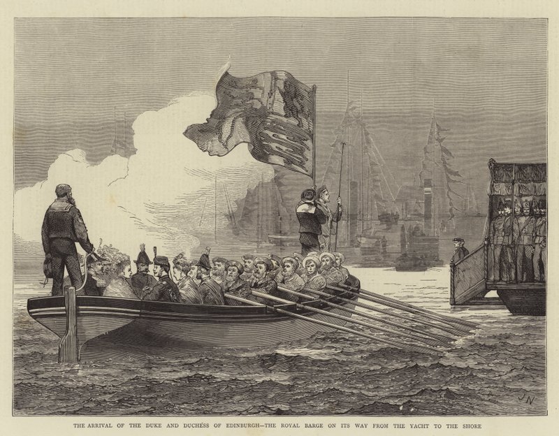 Ankomsten av hertigen och hertiginnan av Edinburgh, den kungliga pråmen på väg från yachten till stranden av Joseph Nash
