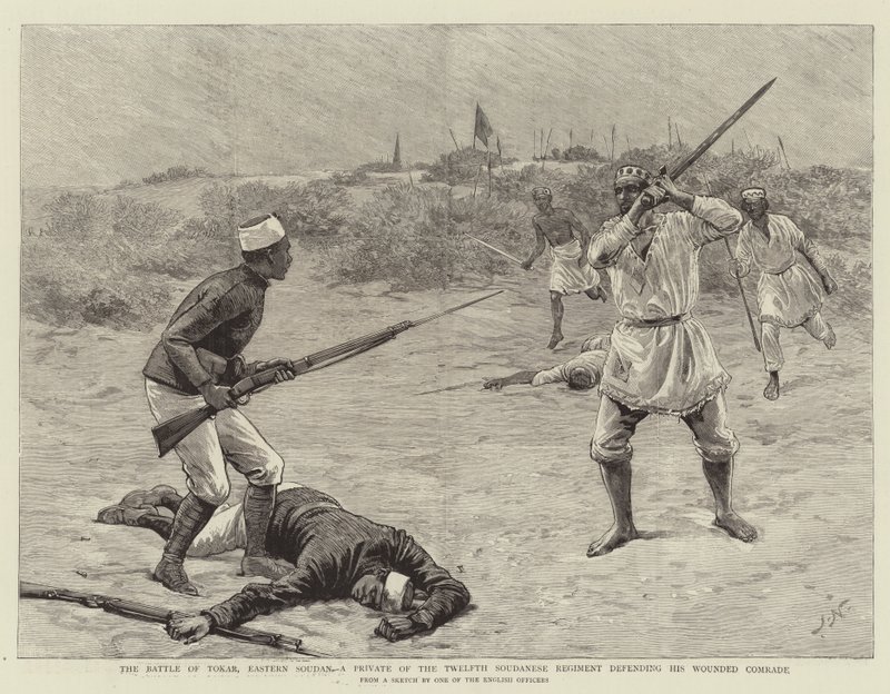 Slaget ved Tokar, det østlige Sudan, en menig fra det tolvte sudanesiske regiment, der forsvarer sin sårede kammerat swed av Joseph Nash