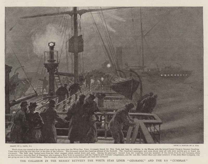 Kollisionen i Mersey mellan White Star Liner Germanic och SS Cumbrae av Joseph Nash