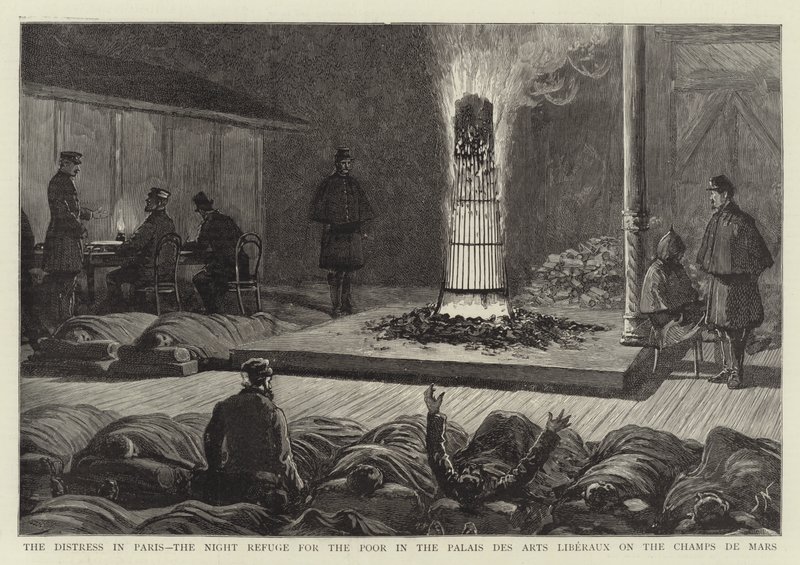 Nödsituationen i Paris, nattjouren för de fattiga i Palais des Arts Liberaux på Champs de Mars av Joseph Nash