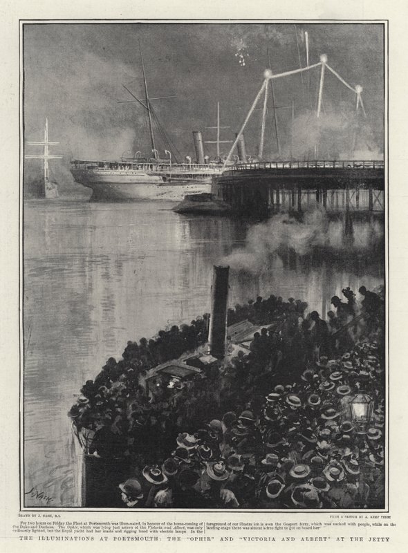 Illuminations vid Portsmouth, Ophir och Victoria och Albert vid kajen av Joseph Nash