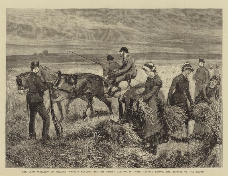 Landagitationen i Irland, kapten bojkott och hans familj börjar skörda innan trupperna anländer av Joseph Nash
