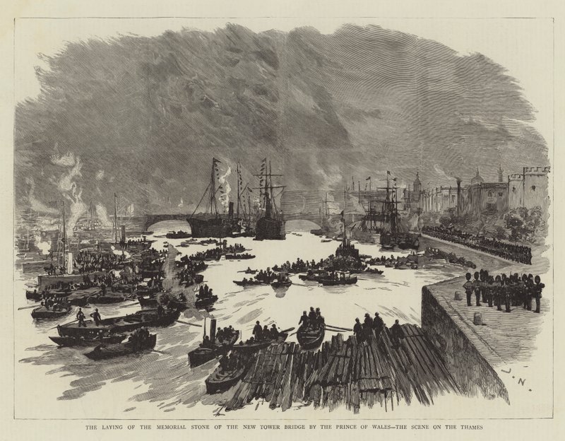 Nedläggningen av minnesstenen för New Tower Bridge av prinsen av Wales, scenen på Themsen av Joseph Nash