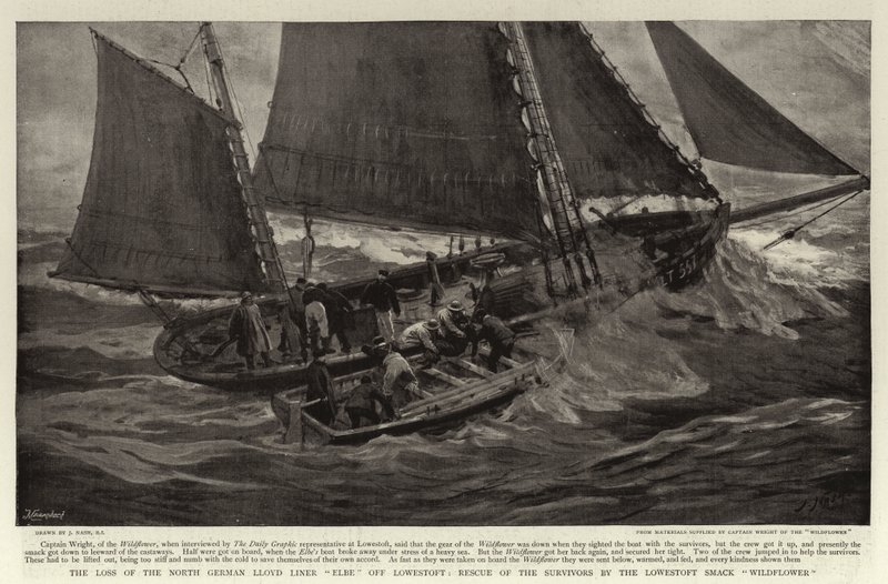 Förlusten av den nordtyska Lloyd Line Elbe utanför Lowestoft, Rescue of the Survivors av Lowestoft Smack Wildflower av Joseph Nash