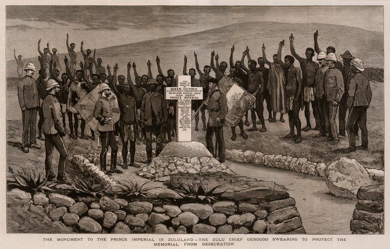 Monumentet till kejsarprinsen i Zululand, Zuluhövdingen Geboodo svär att skydda minnesmärket från vanhelgning av Joseph Nash