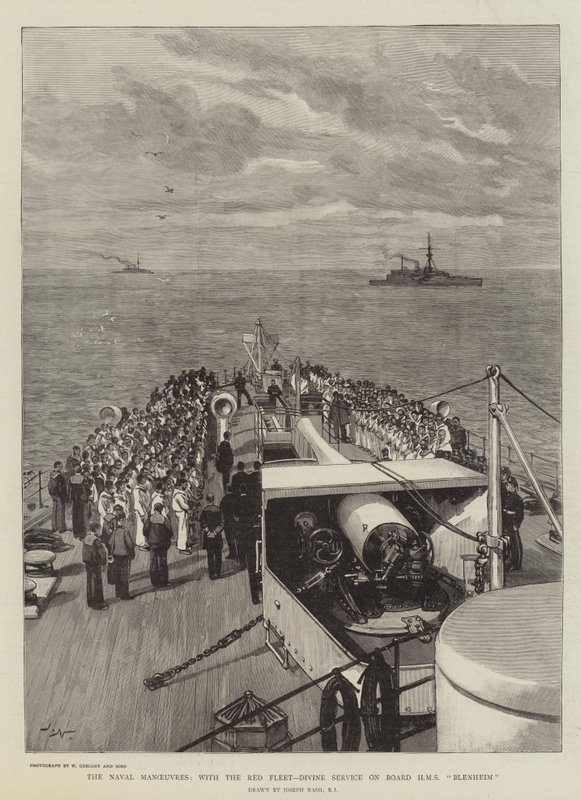 Flottans manövrer, med den röda flottan, gudstjänst ombord på HMS Blenheim av Joseph Nash
