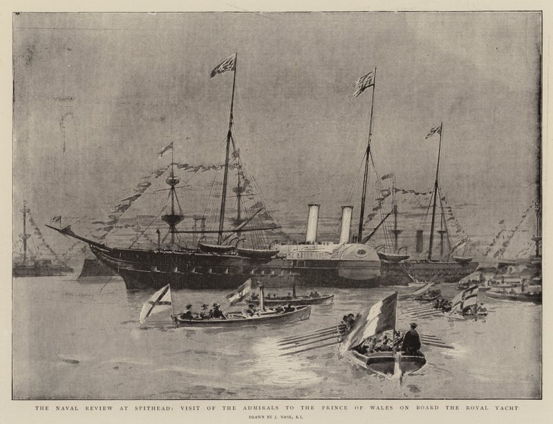 Marinöversikt i Spithead, amiralernas besök hos prinsen av Wales ombord på Royal Yacht av Joseph Nash