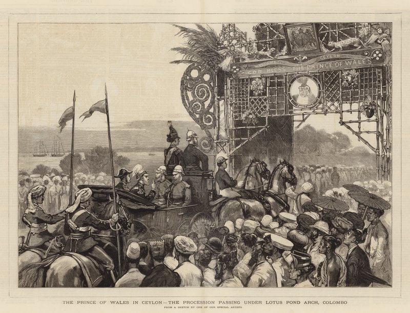 Prinsen av Wales i Ceylon, processionen som passerar under Lotus Pond Arch, Colombo av Joseph Nash