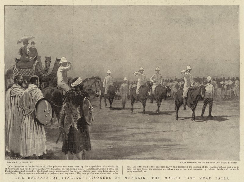 Frigivningen av italienska fångar av Menelik, March Past nära Zaila av Joseph Nash