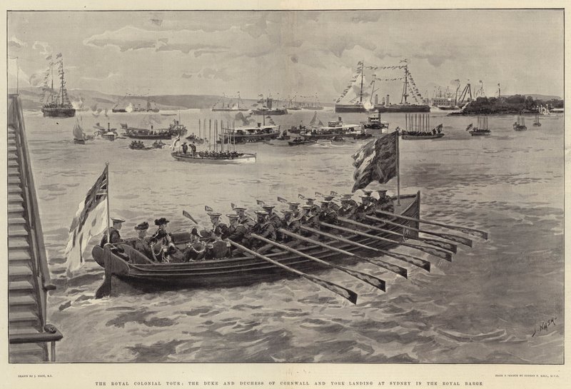 Royal Colonial Tour, hertigen och hertiginnan av Cornwall och York landar i Sydney i den kungliga pråmen. av Joseph Nash