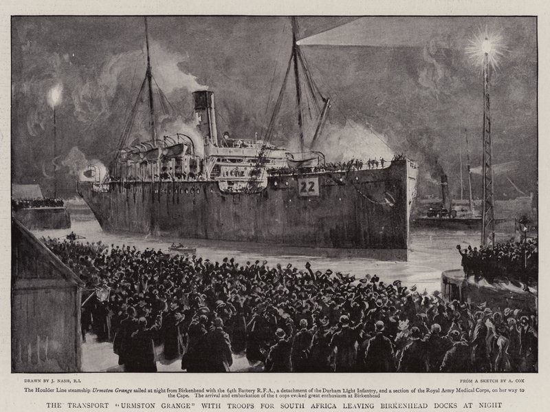 Transporten Urmston Grange med trupper för Sydafrika som lämnar Birkenhead Docks på natten av Joseph Nash