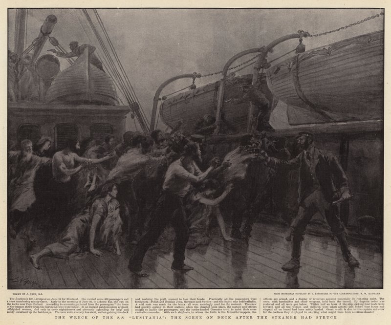 Vraket av SS Lusitania, scenen på däck efter att ångbåten hade träffat av Joseph Nash