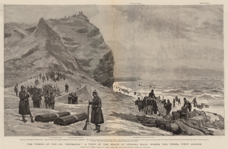 SS Roumanias vrak, en vy av stranden i Gronho, Spanien, där fartyget gick i land av Joseph Nash