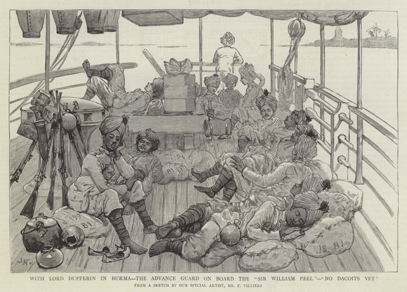 Med Lord Dufferin i Burma, den framskjutna vakten ombord på Sir William Peel, inga dacoiter ännu av Joseph Nash