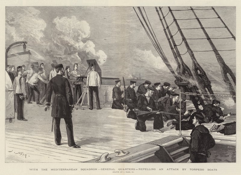 Med Medelhavsskvadronen, i generalkvarter, vid avvärjandet av en attack av torpedbåtar av Joseph Nash