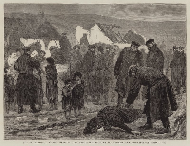 Med ryssarna, en present till Plevna, skickar ryssarna kvinnor och barn från Vraca in i den belägrade staden av Joseph Nash