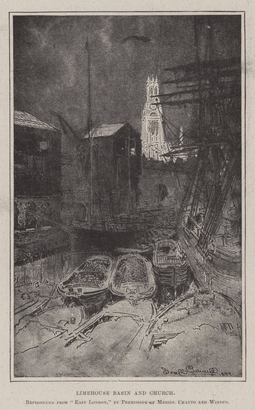 Limehouse Basin och kyrka av Joseph Pennell