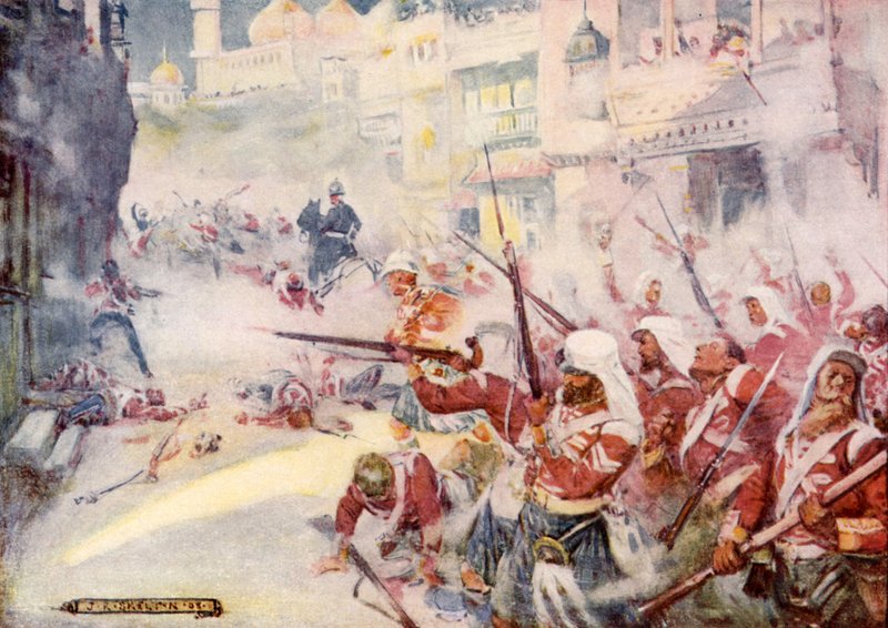 Brittiska soldater sågs kämpa sig fram på gatorna. av Joseph Ratcliffe Skelton