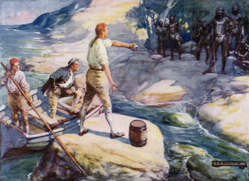 George Bass och Matthew Flinders möter en grupp aboriginer i Australien på 1790-talet. av Joseph Ratcliffe Skelton