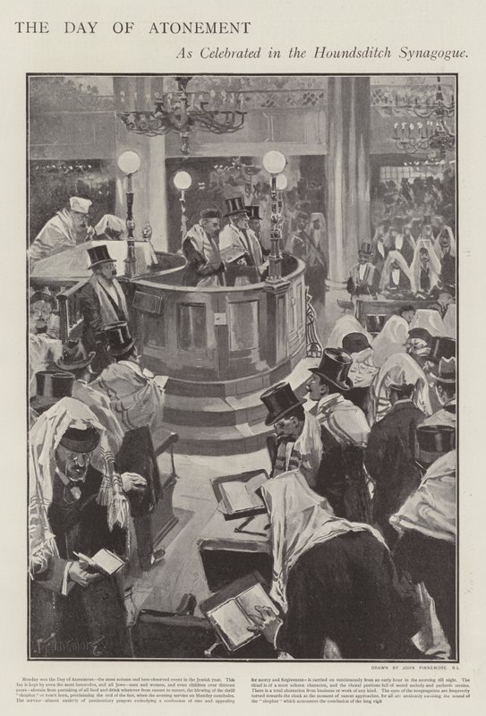 Firar den judiska försoningsdagen i Houndsditch Synagogue, London (litho) av Joseph (after) Finnemore
