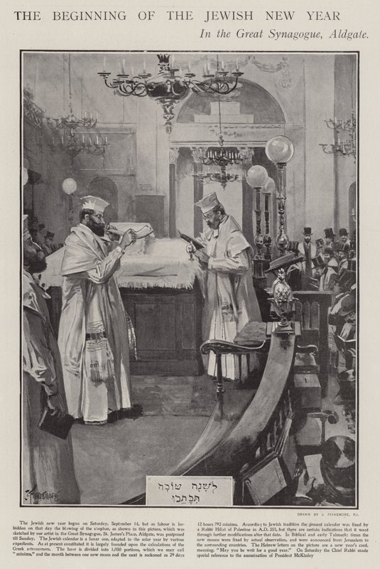 Firar början av det judiska nyåret i Great Synagogue, Aldgate, London (litho) av Joseph (after) Finnemore