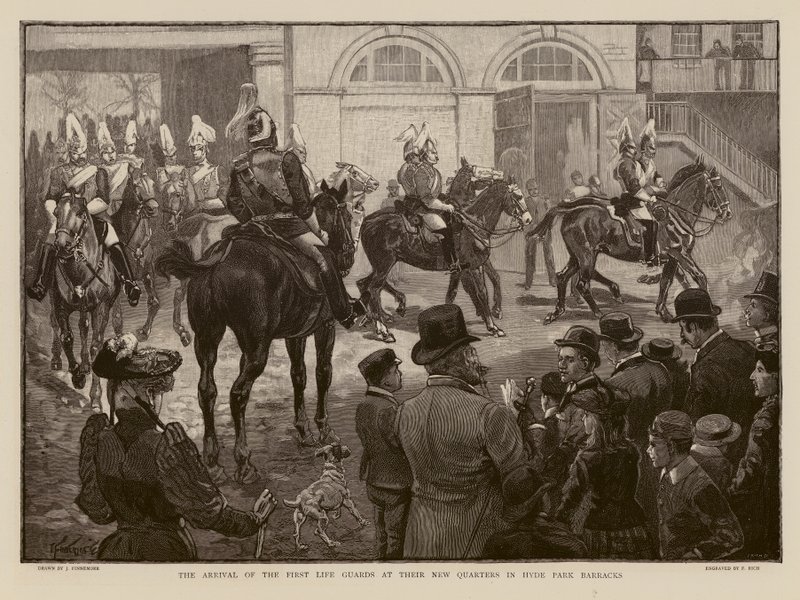 Livgardet anländer till sina nya baracker i Hyde Park, London (gravyr) av Joseph (after) Finnemore