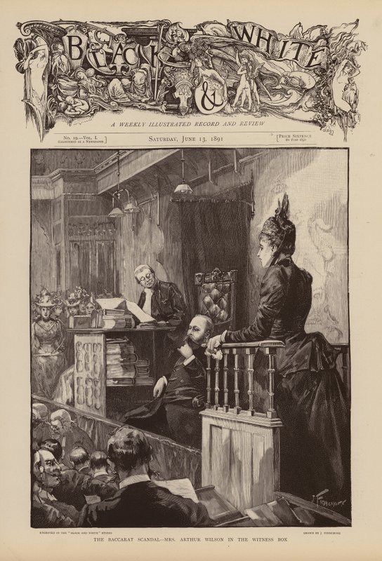 Mrs Arthur Wilson vittnar under rättegången om Baccaratskandalen (gravyr) av Joseph (after) Finnemore
