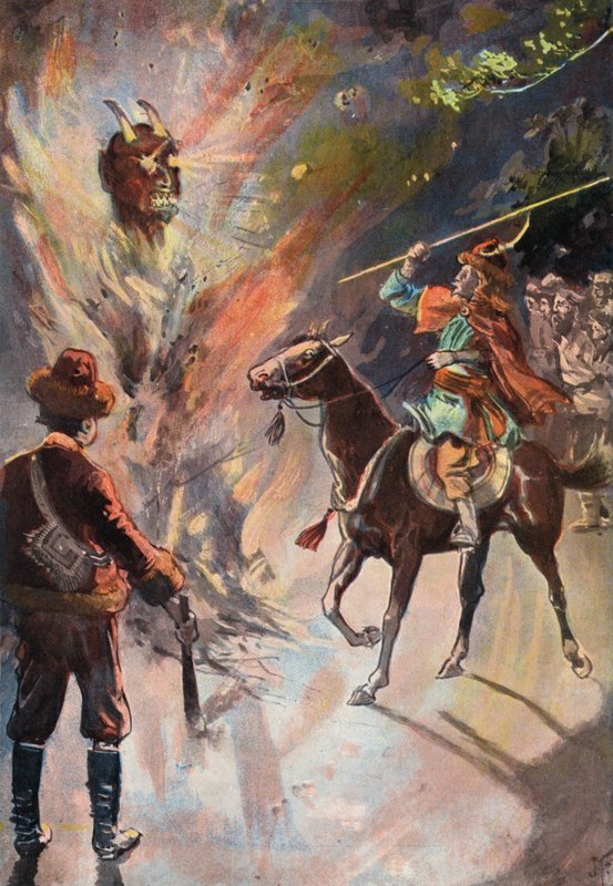 Robinson Crusoe: Destruction of the tartar idol (color litho) av Joseph (after) Finnemore