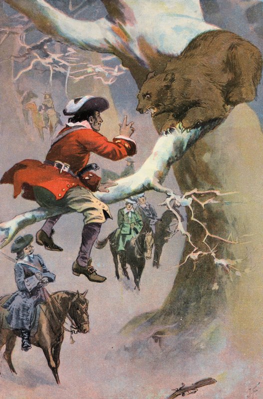 Robinson Crusoe: Fredag retar björnen (färg litho) av Joseph (after) Finnemore
