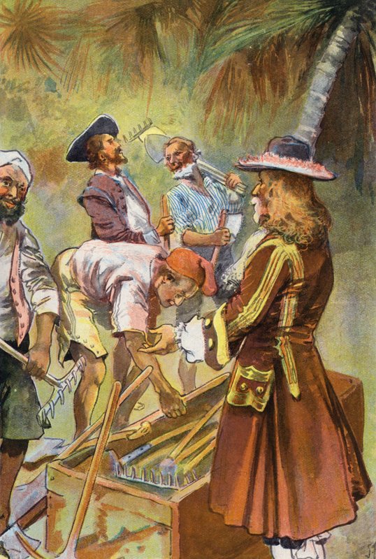 Robinson Crusoe: Jag gav varje man en grävspade (färg litho) av Joseph (after) Finnemore