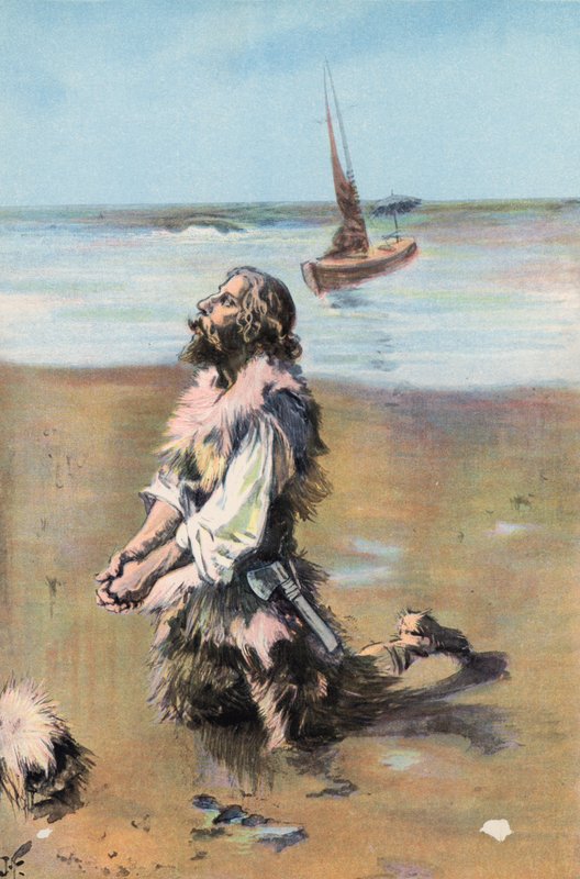 Robinson Crusoe: Jag tackar för min befrielse (färg litho) av Joseph (after) Finnemore