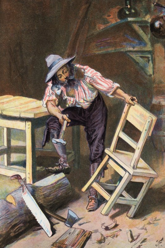 Robinson Crusoe: Jag gör ett bord och en stol (färg litho) av Joseph (after) Finnemore