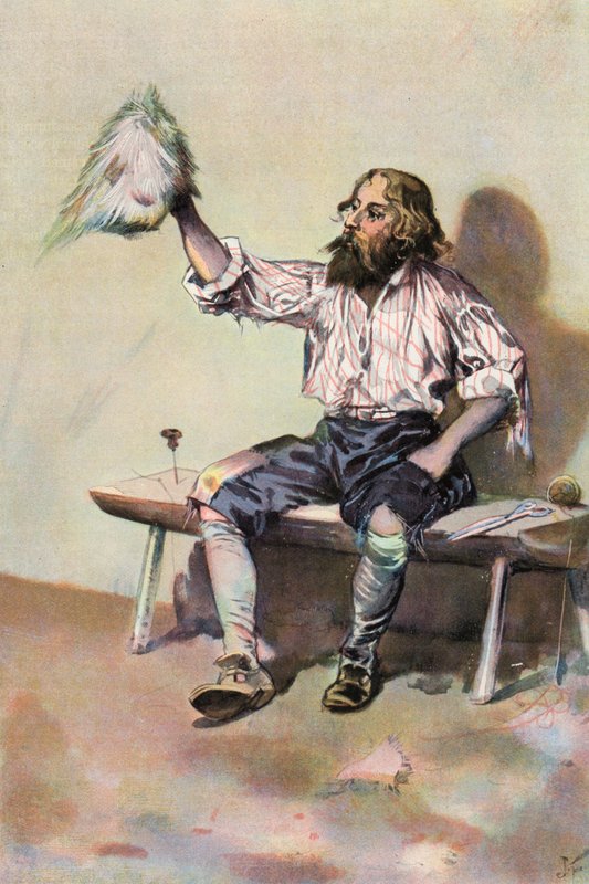 Robinson Crusoe: Jag gör mig en keps (färg litho) av Joseph (after) Finnemore
