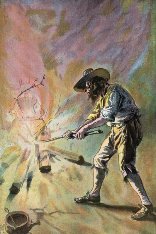 Robinson Crusoe: Jag gör krukor (färg litho) av Joseph (after) Finnemore