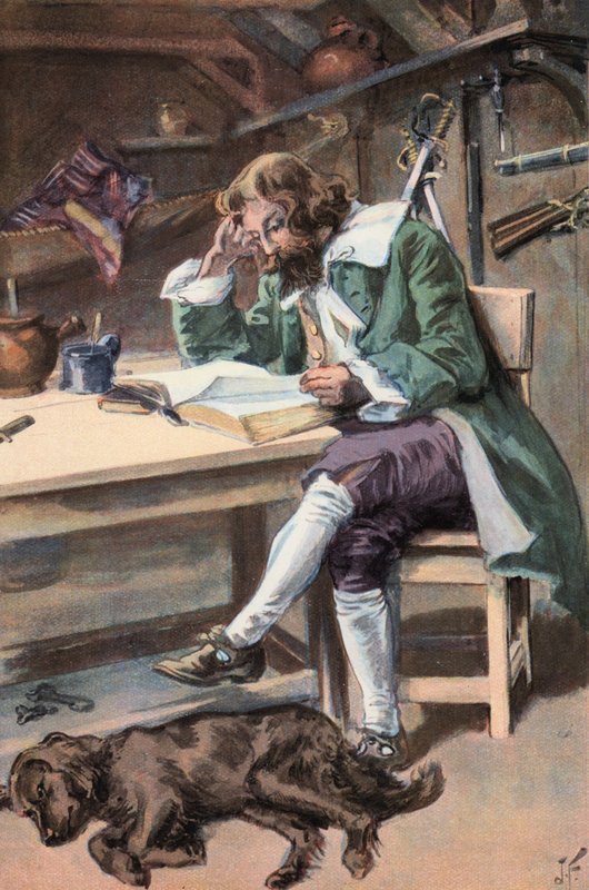 Robinson Crusoe: Jag läser min bibel (färg litho) av Joseph (after) Finnemore