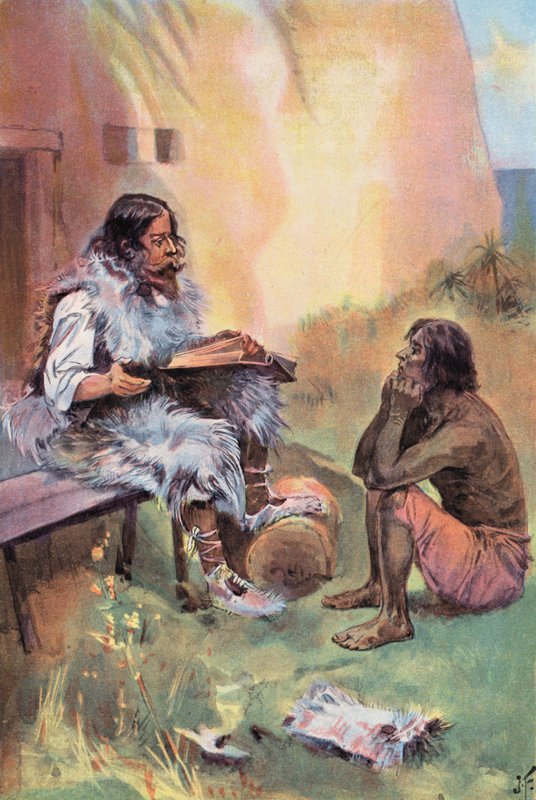 Robinson Crusoe: Jag lär fredag (färg litho) av Joseph (after) Finnemore