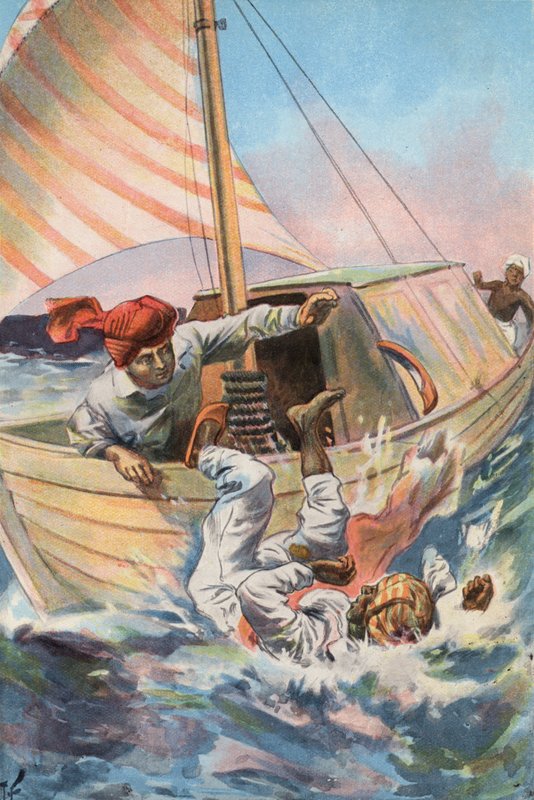 Robinson Crusoe: I toss the Moor överbord (color litho) av Joseph (after) Finnemore