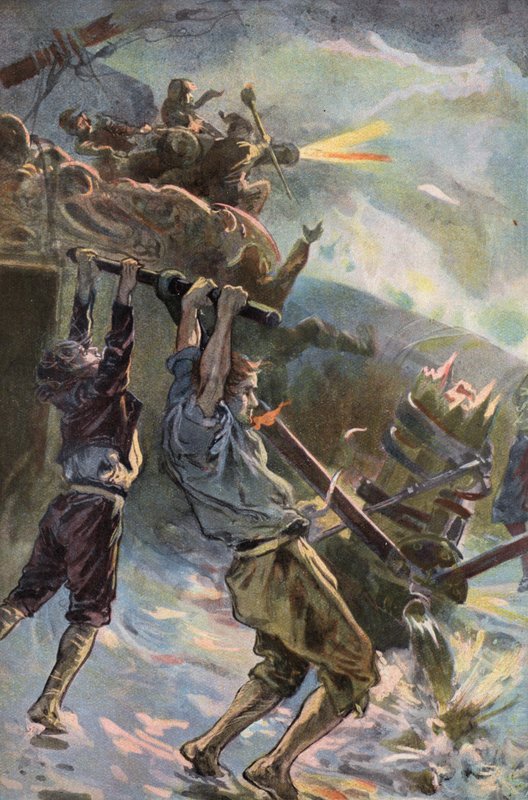 Robinson Crusoe: Jag arbetar vid pumpen (färg litho) av Joseph (after) Finnemore