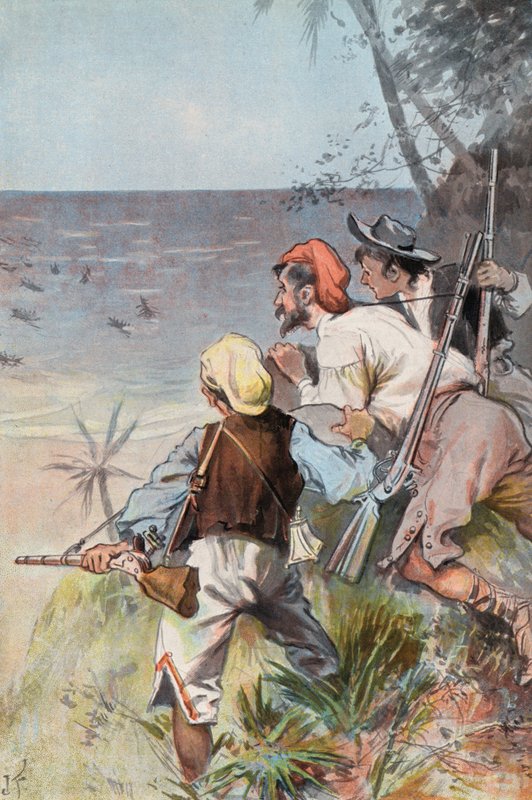 Robinson Crusoe: Invaderad av vildar (färg litho) av Joseph (after) Finnemore