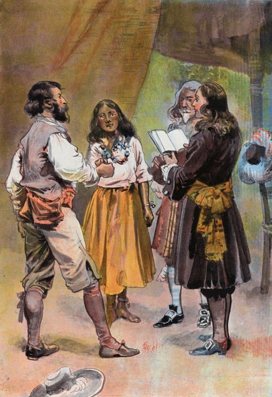 Robinson Crusoe: Marriage of Will Atkins (färg litho) av Joseph (after) Finnemore