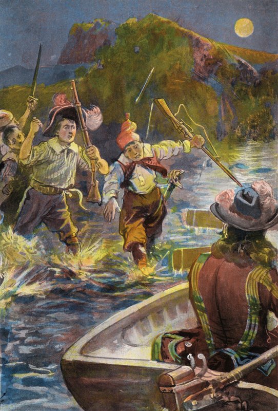 Robinson Crusoe: Våra män rusar efter båtarna (färg litho) av Joseph (after) Finnemore