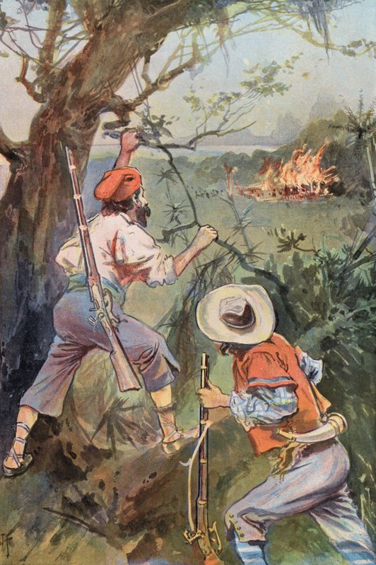 Robinson Crusoe: Hydorna i brand (färg litho) av Joseph (after) Finnemore