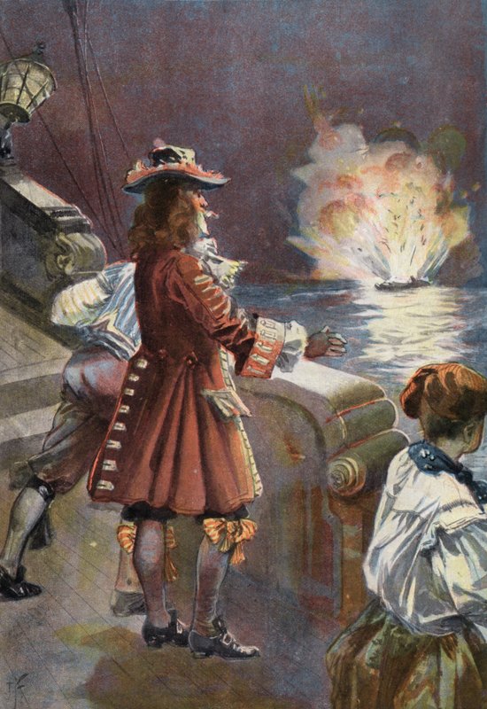 Robinson Crusoe: Skeppet blåste upp i luften (färg litho) av Joseph (after) Finnemore