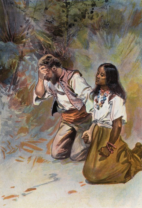 Robinson Crusoe: De båda knäböjde tillsammans (färg litho) av Joseph (after) Finnemore