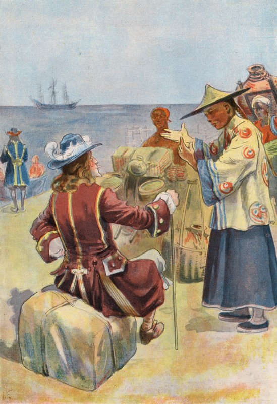 Robinson Crusoe: Handel med kinesiska köpmän (färg litho) av Joseph (after) Finnemore