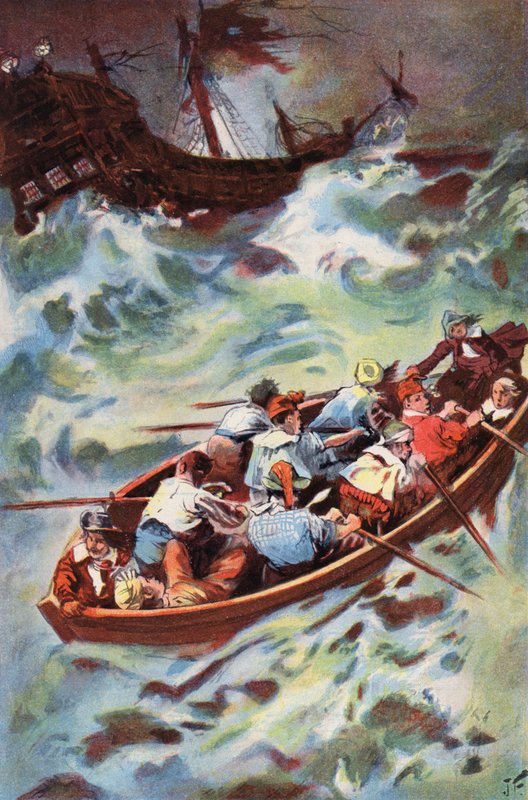 Robinson Crusoe: Vi lämnar vraket (färg litho) av Joseph (after) Finnemore