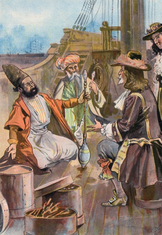 Robinson Crusoe: Vi säljer vår krydda till persiska köpmän (färg litho) av Joseph (after) Finnemore