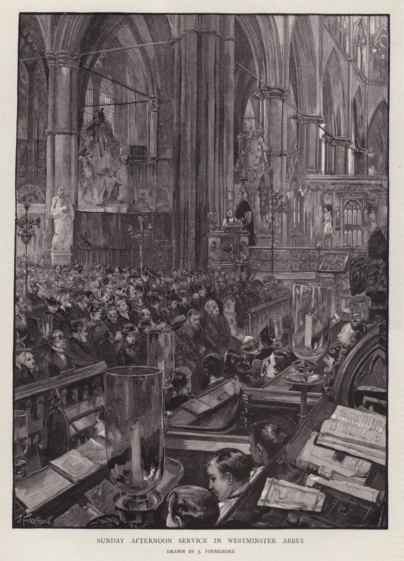 Söndag eftermiddag gudstjänst i Westminster Abbey, London (litho) av Joseph (after) Finnemore